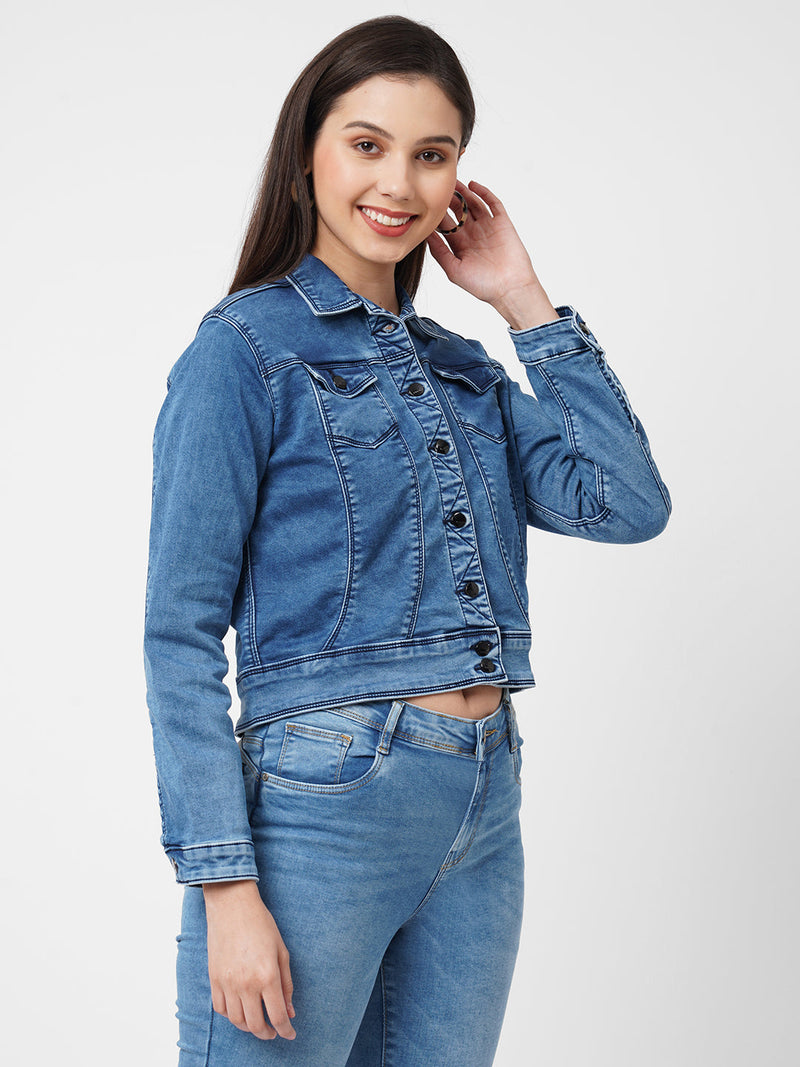 Women Blue Solid Denim Jacket - Blue