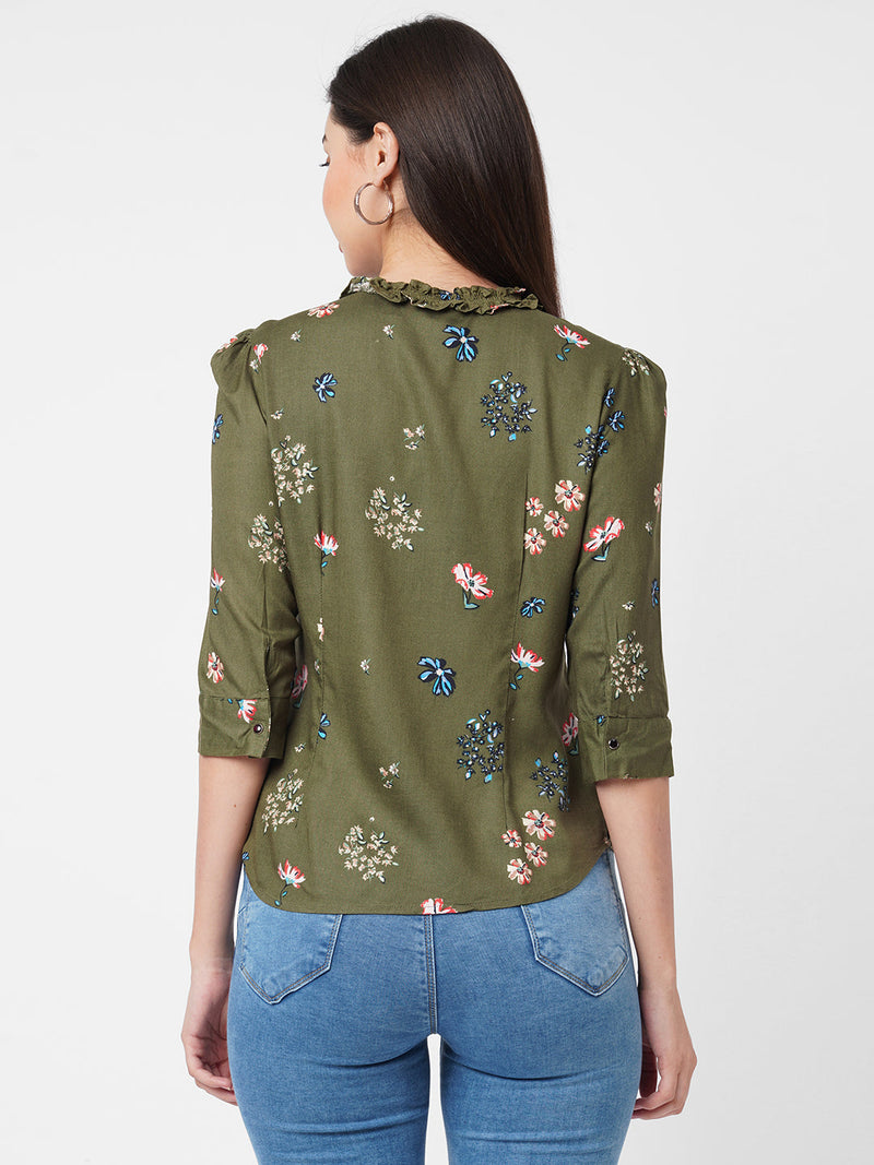 Women Olive Printed Shirt With Mask - Olive