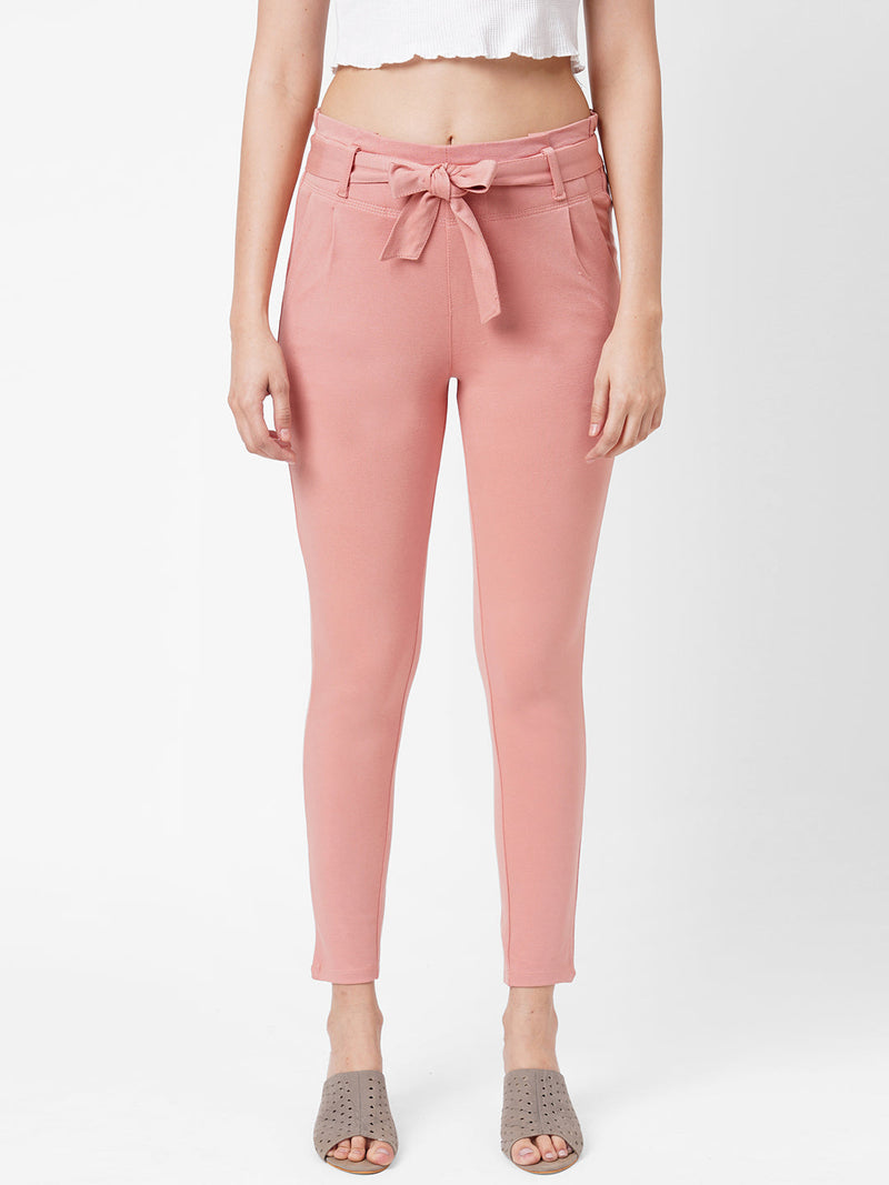High-Rise Knitted Paper Bag Pants - Blush Pink