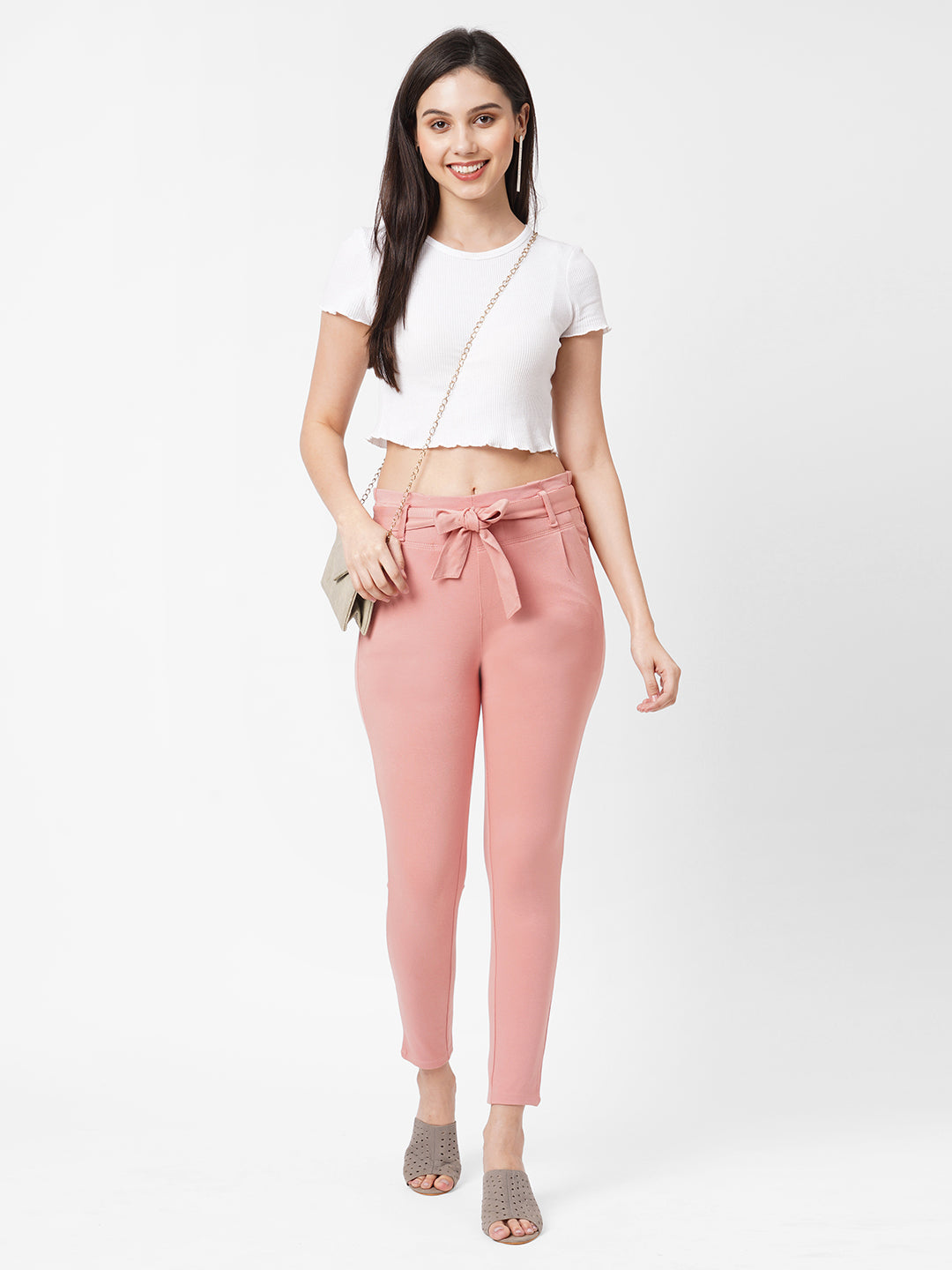 High-Rise Knitted Paper Bag Pants - Blush Pink