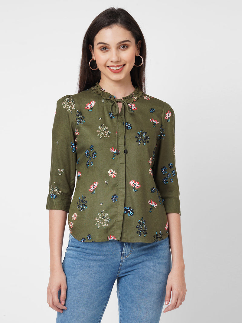 Women Olive Printed Shirt With Mask - Olive