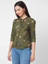 Women Olive Printed Shirt With Mask - Olive