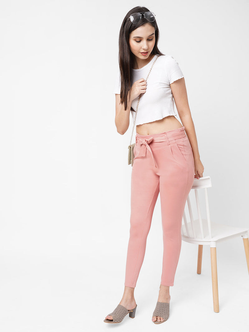 High-Rise Knitted Paper Bag Pants - Blush Pink