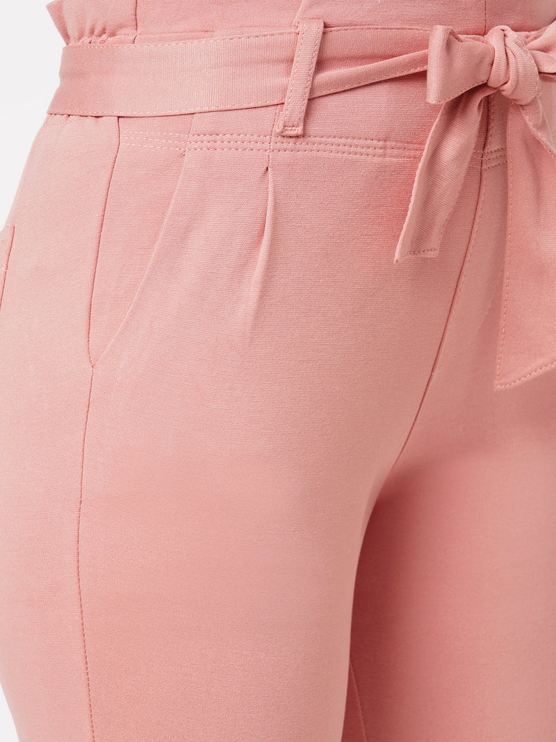 High-Rise Knitted Paper Bag Pants - Blush Pink
