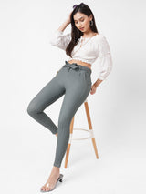 High-Rise Knitted Paper Bag Pants - Black Grey