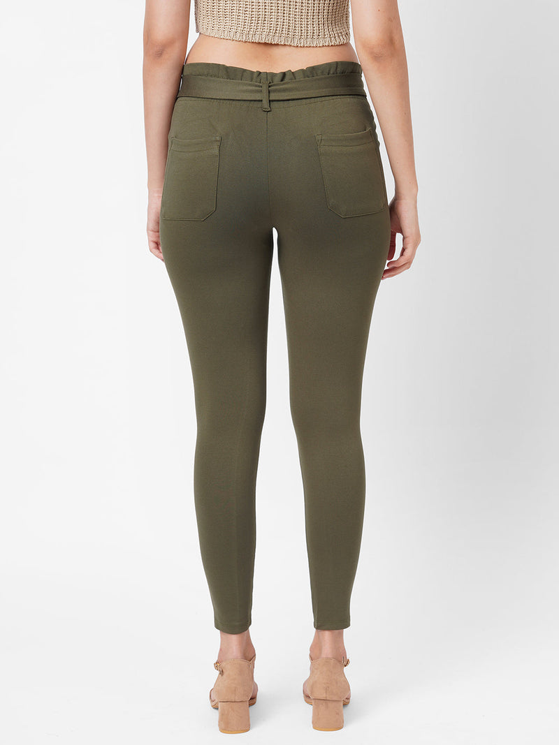 High-Rise Knitted Paper Bag Pants - Olive