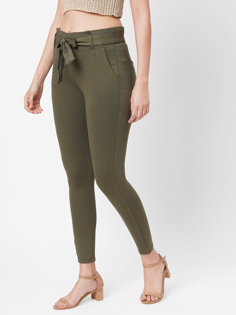High-Rise Knitted Paper Bag Pants - Olive