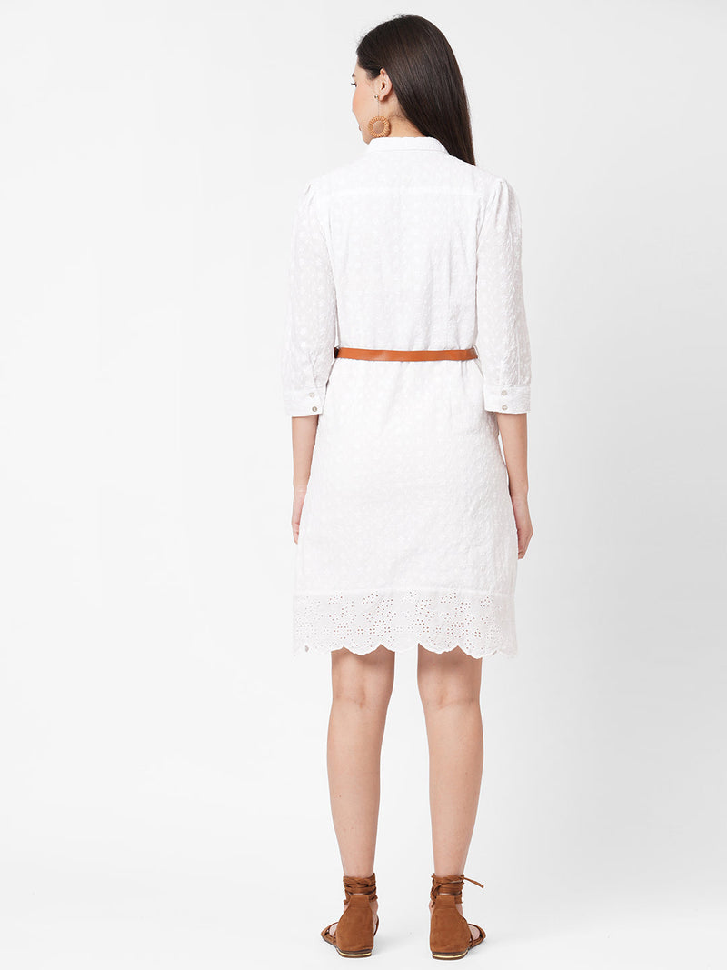Women White Embroidered Schiffli Dress - Bleach White