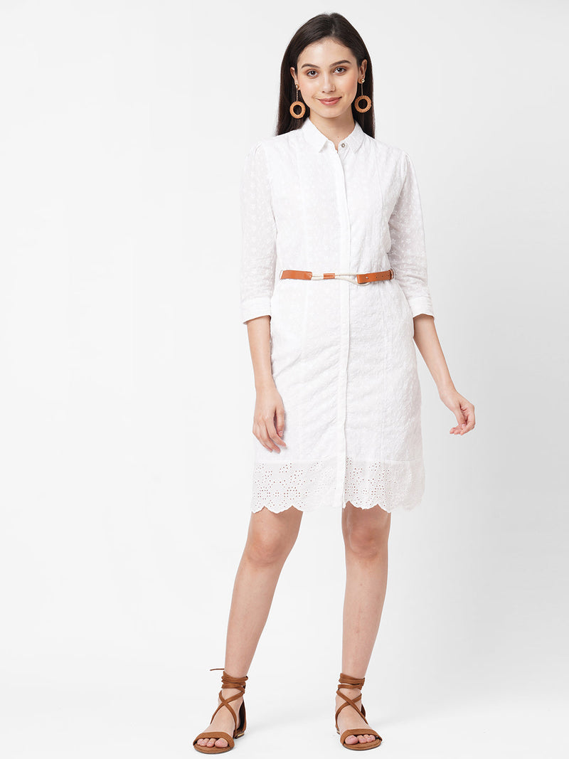 Women White Embroidered Schiffli Dress - Bleach White