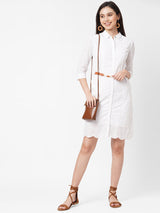 Women White Embroidered Schiffli Dress - Bleach White