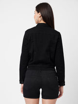 Women Black Solid Denim Crop Jacket - Black
