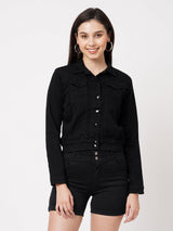 Women Black Solid Denim Crop Jacket - Black