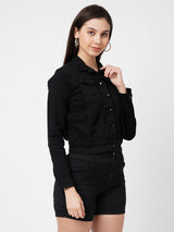 Women Black Solid Denim Crop Jacket - Black
