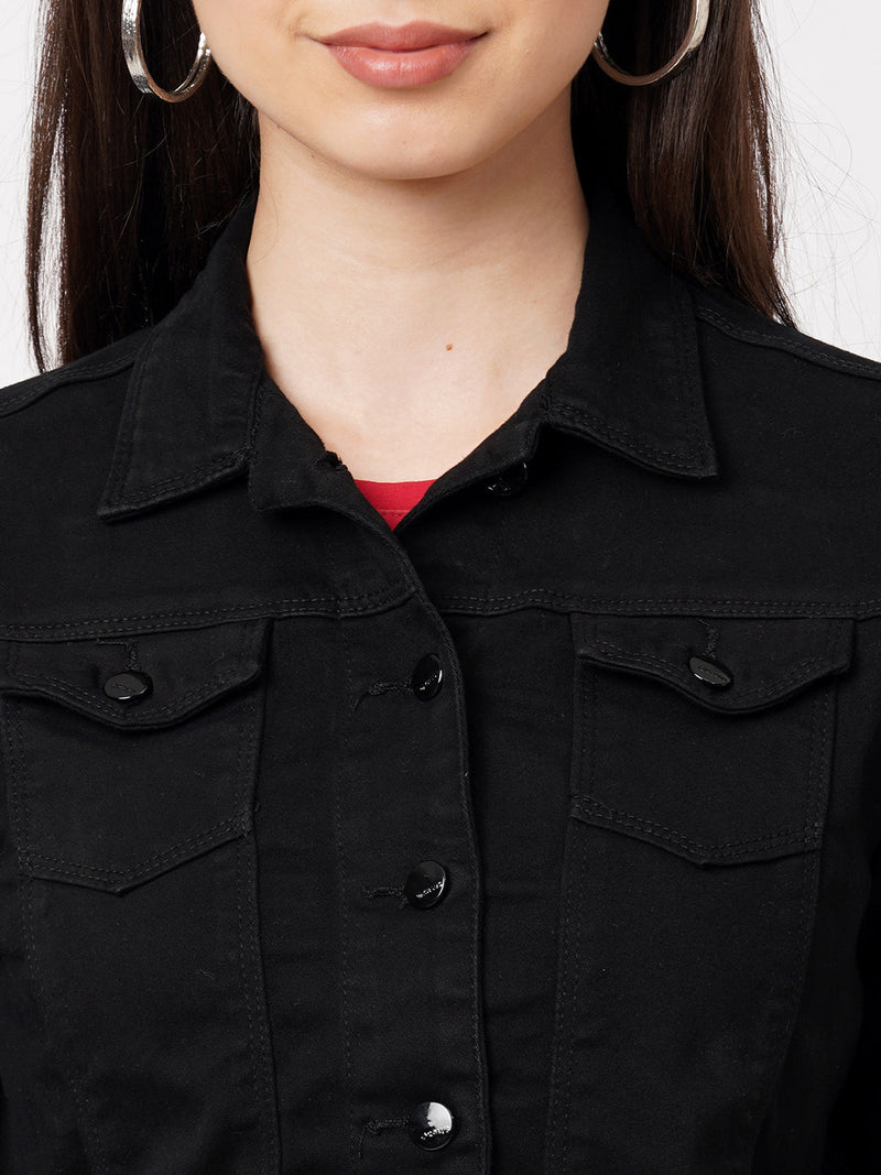 Women Black Solid Denim Crop Jacket - Black