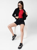 Women Black Solid Denim Crop Jacket - Black