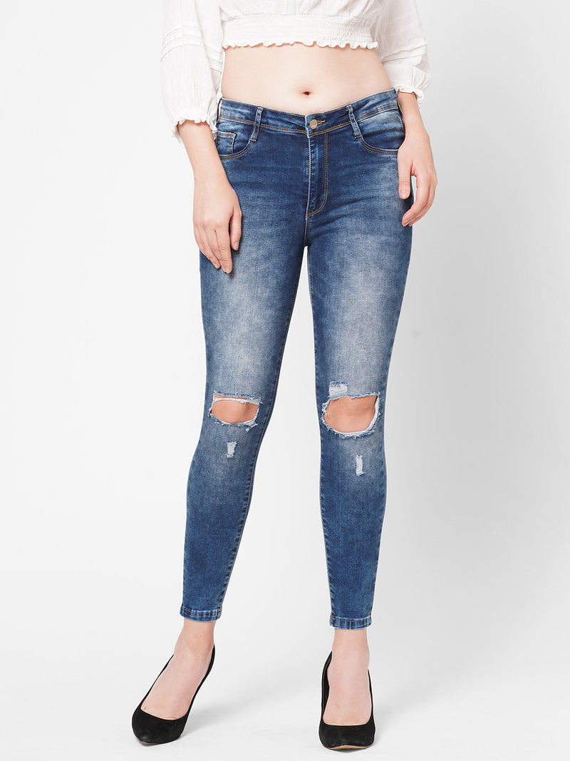 K4014 High-Rise Skinny Knee Blowout Ripped Jeans - Blue