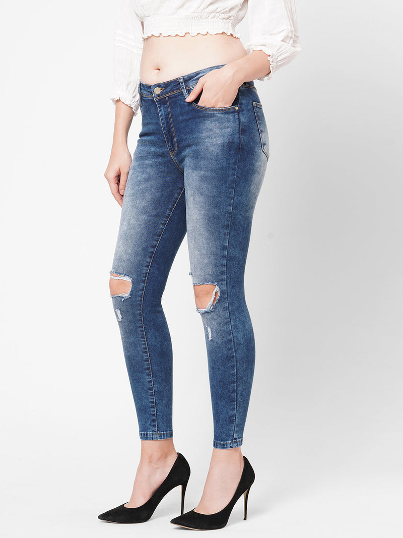 K4014 High-Rise Skinny Knee Blowout Ripped Jeans - Blue