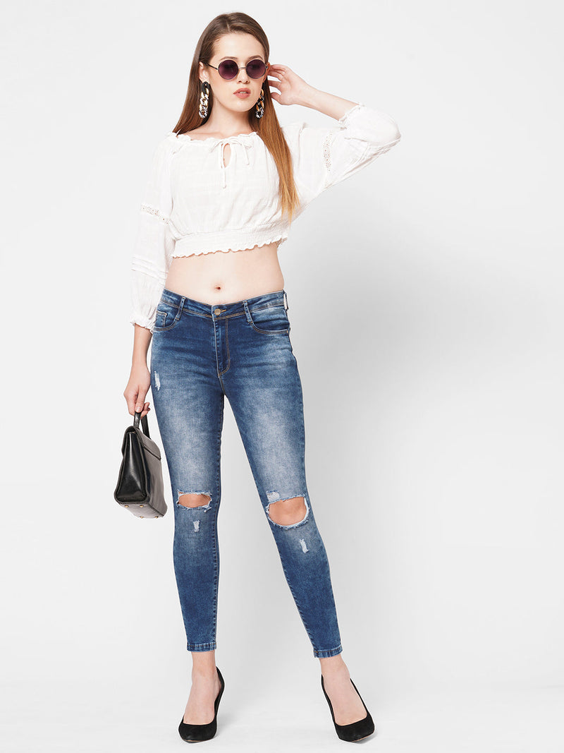 K4014 High-Rise Skinny Knee Blowout Ripped Jeans - Blue
