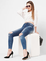 K4014 High-Rise Skinny Knee Blowout Ripped Jeans - Blue