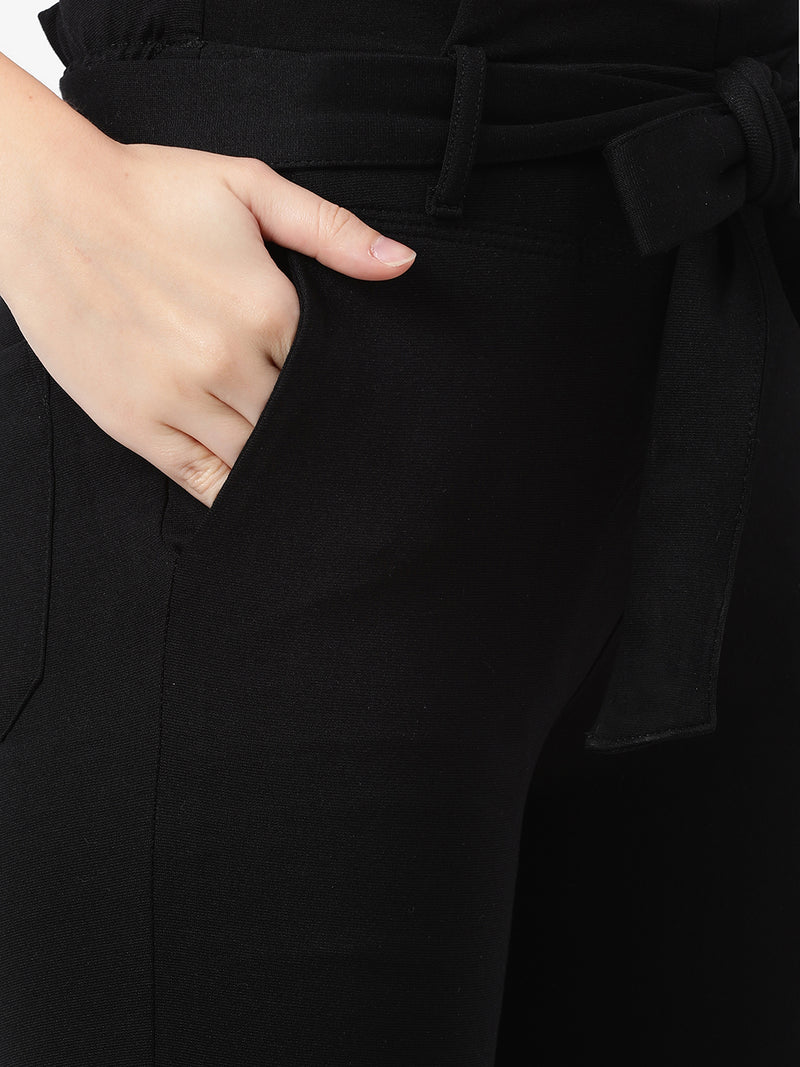 High-Rise Knitted Paper Bag Pants - Black