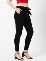High-Rise Knitted Paper Bag Pants - Black
