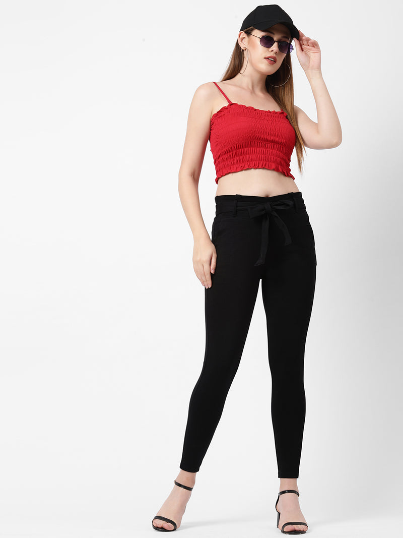 High-Rise Knitted Paper Bag Pants - Black