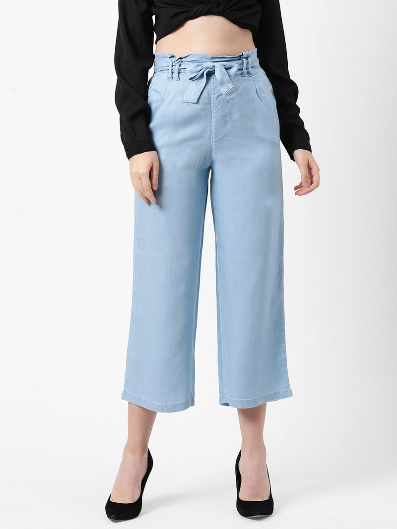 High-Rise Paper Bag Culottes - Light Blue