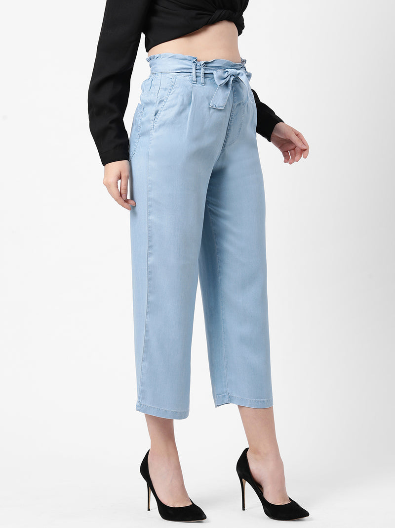 High-Rise Paper Bag Culottes - Light Blue