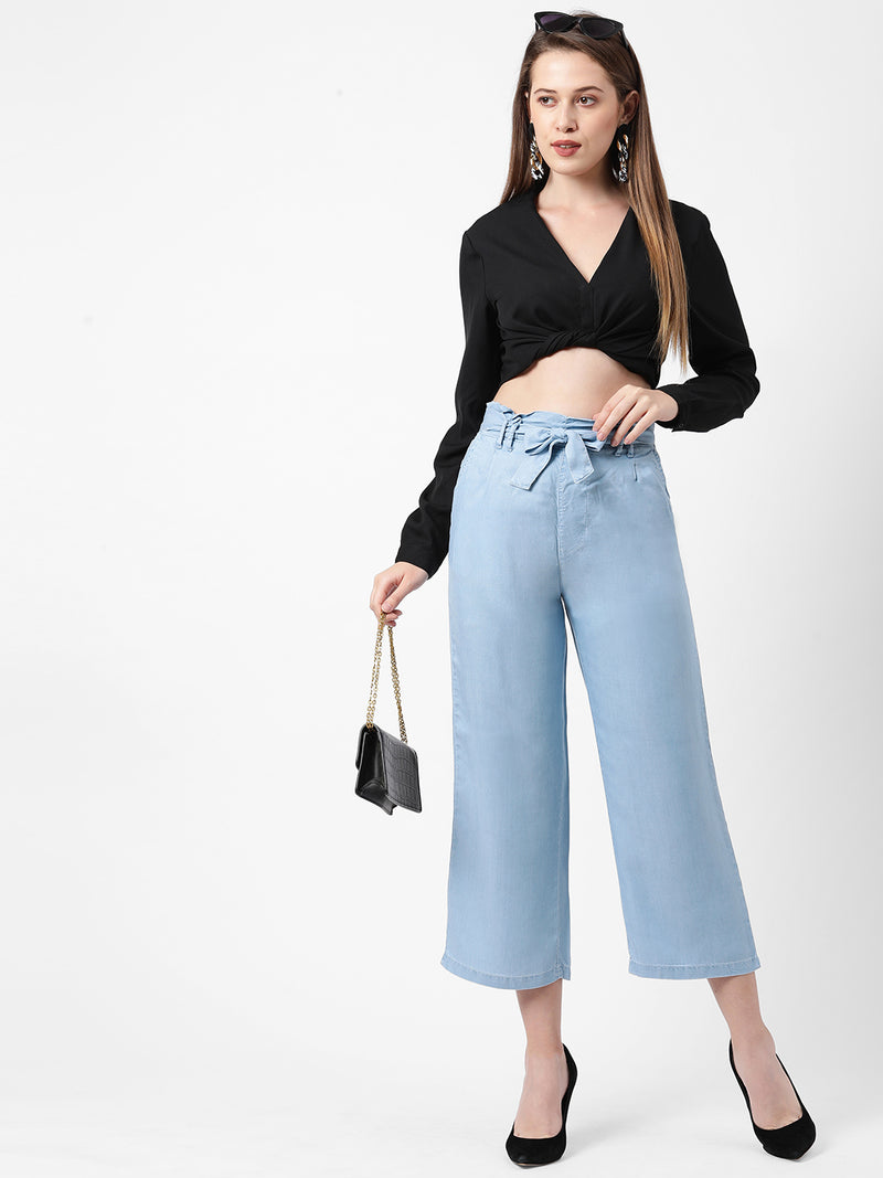 High-Rise Paper Bag Culottes - Light Blue