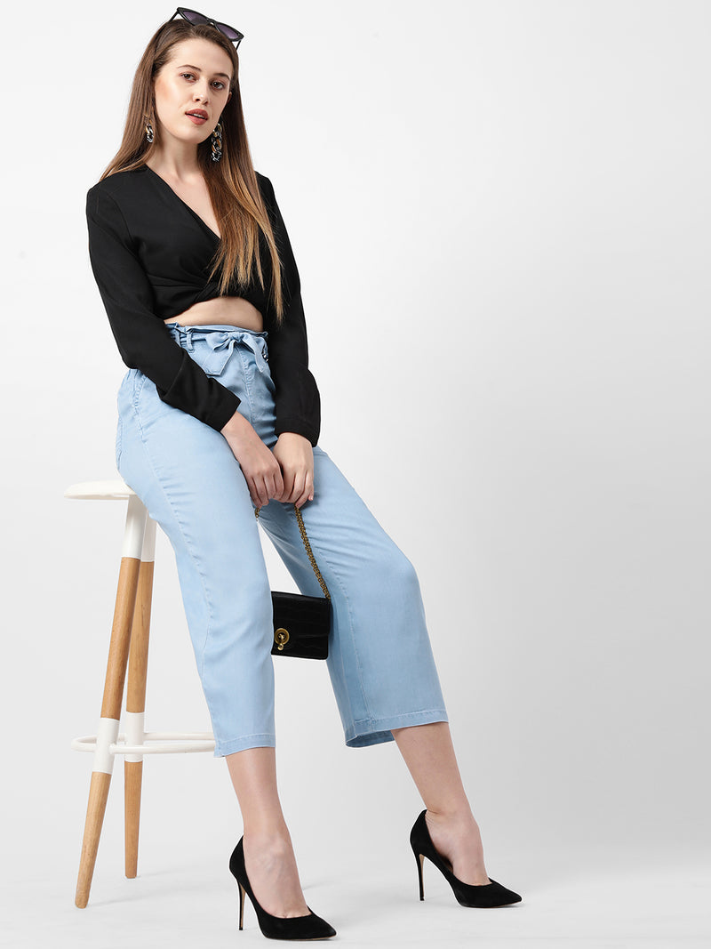High-Rise Paper Bag Culottes - Light Blue