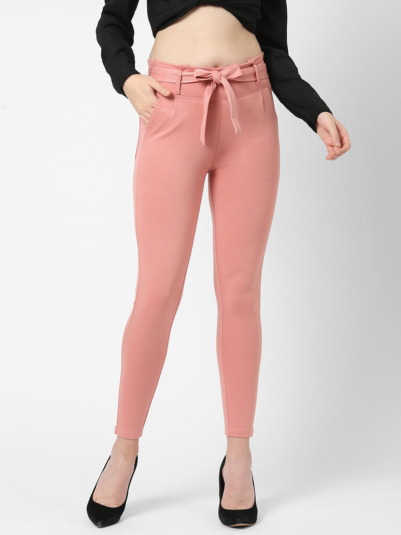 High-Rise Knitted Paper Bag Pants - Blush Pink