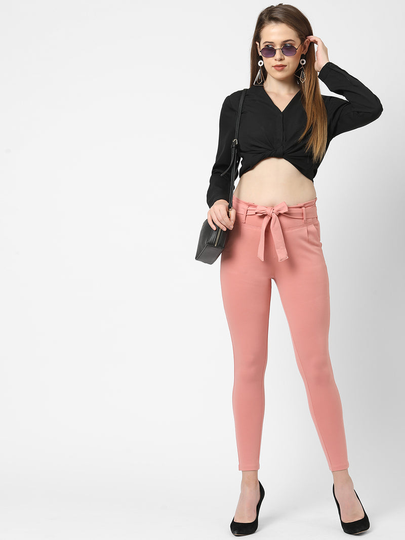 High-Rise Knitted Paper Bag Pants - Blush Pink
