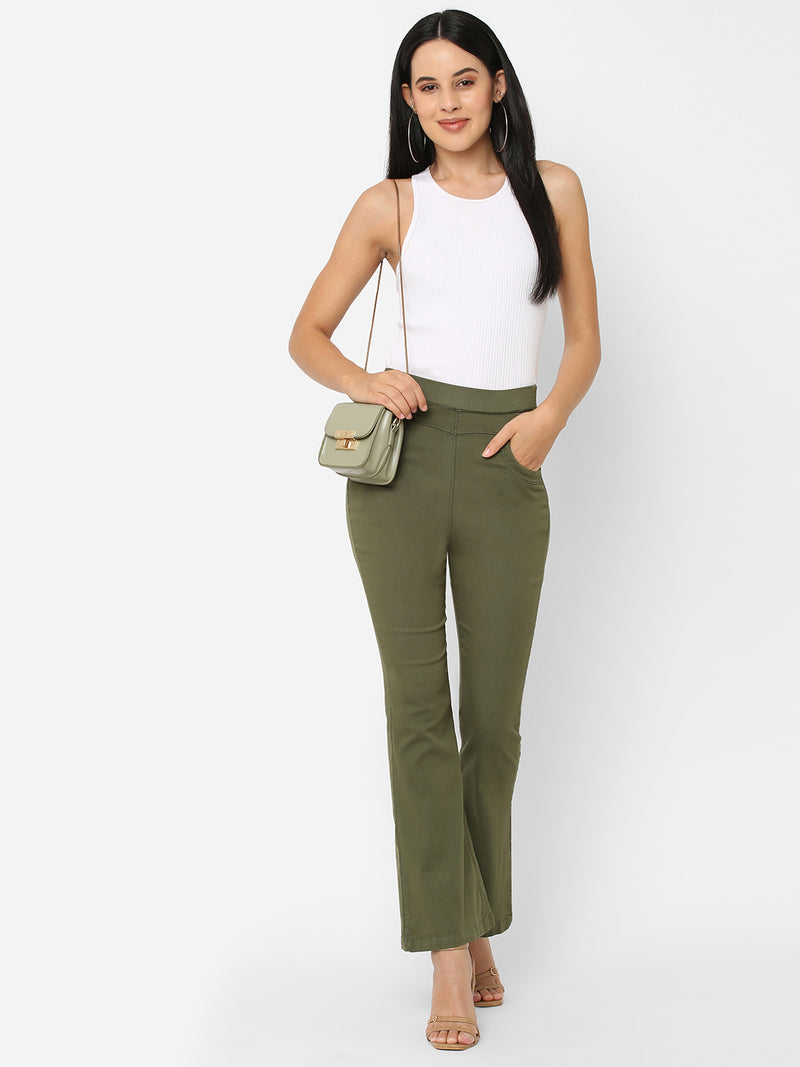 K5013 High-Rise Flare Jeans - Olive