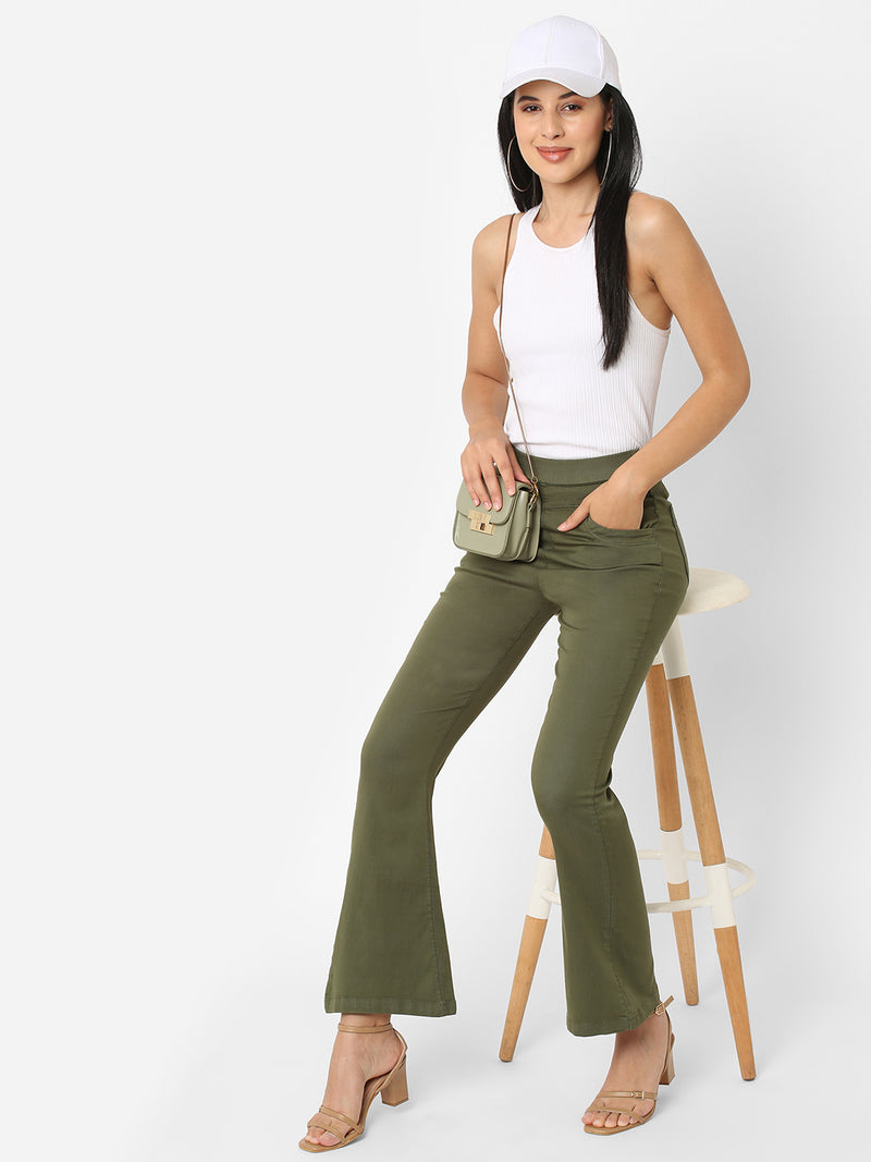 K5013 High-Rise Flare Jeans - Olive