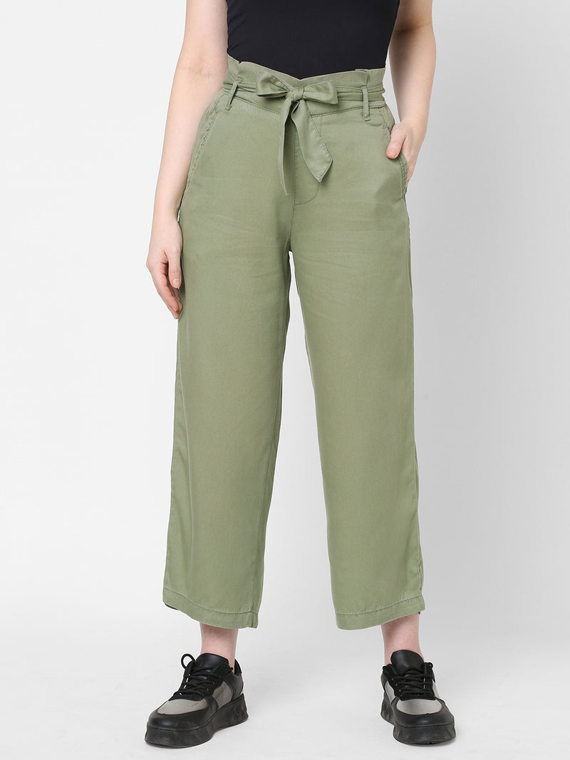 High-Rise Paper Bag Culottes - Light Olive
