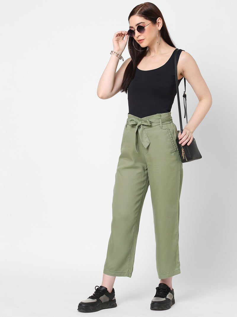 High-Rise Paper Bag Culottes - Light Olive