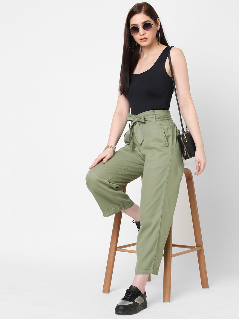 High-Rise Paper Bag Culottes - Light Olive
