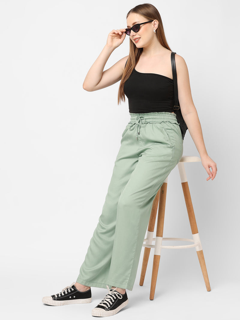 Women Mint Green High Rise Paper Bag Wide Leg