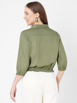 Women Olive Solid Crop Shirt