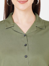 Women Olive Solid Crop Shirt
