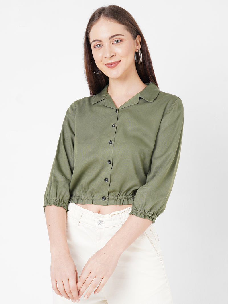Women Olive Solid Crop Shirt