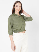 Women Olive Solid Crop Shirt