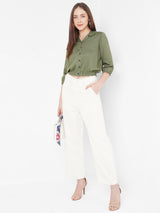 Women Olive Solid Crop Shirt