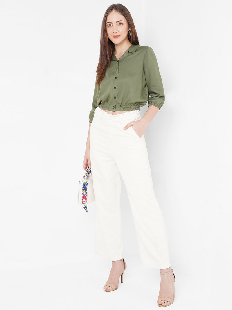 Women Olive Solid Crop Shirt