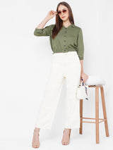 Women Olive Solid Crop Shirt