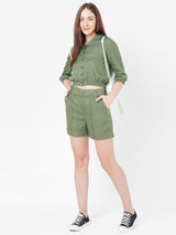 Women Olive High-Rise Paper Bag Shorts