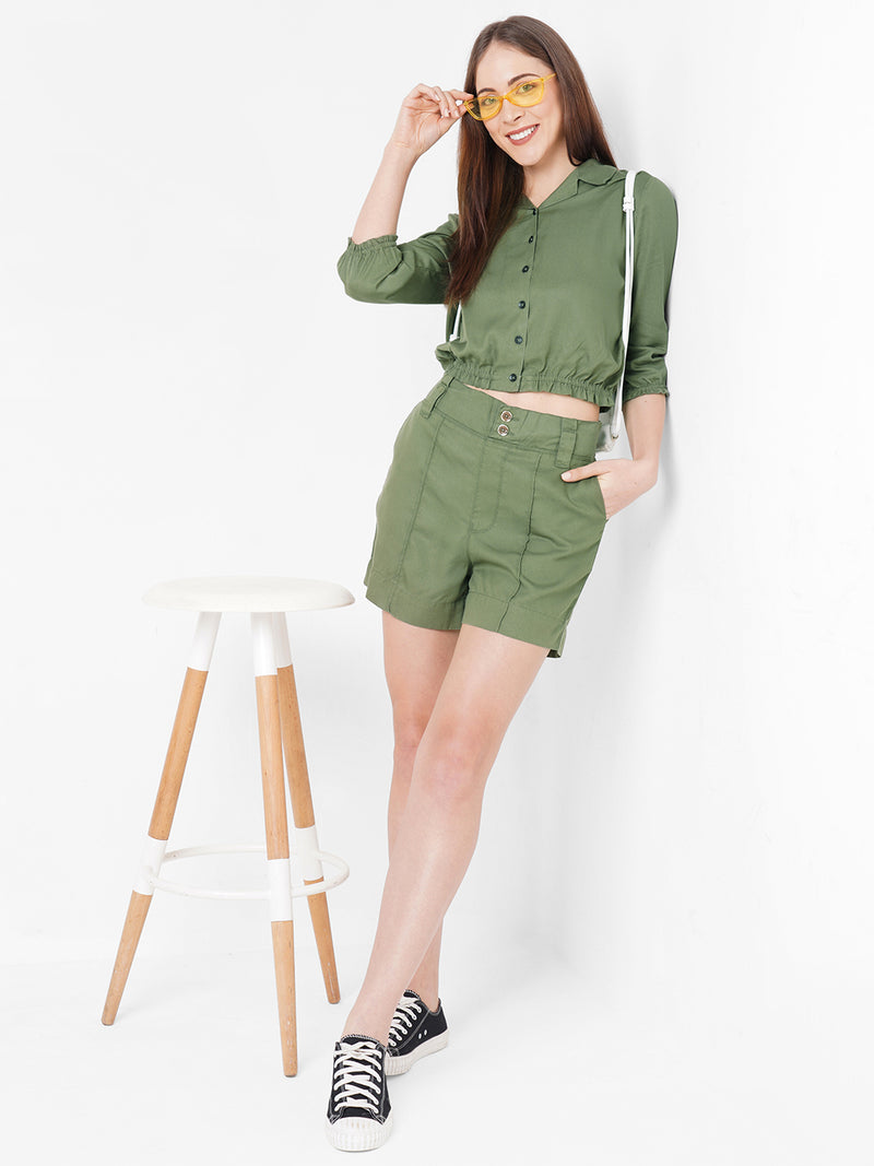 Women Olive High-Rise Paper Bag Shorts