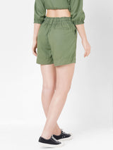 Women Olive High-Rise Paper Bag Shorts