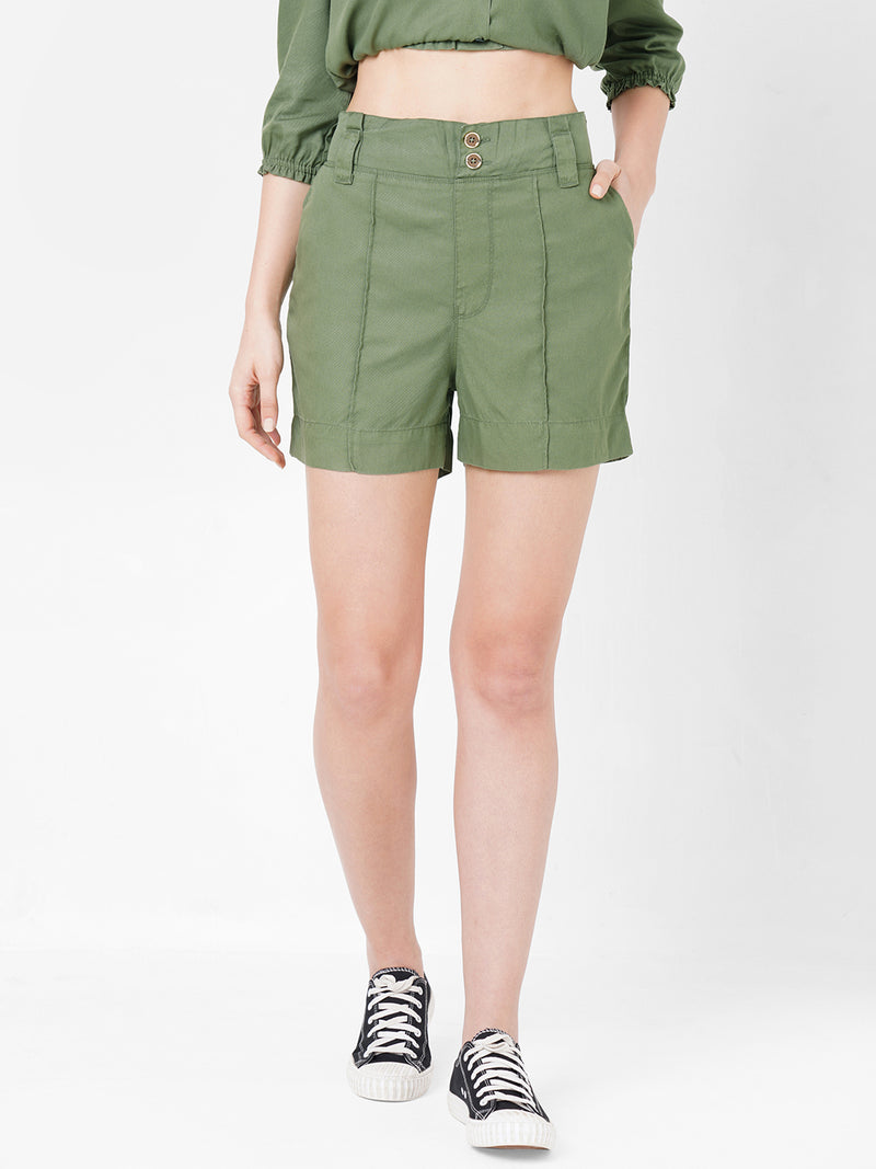 Women Olive High-Rise Paper Bag Shorts