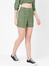 Women Olive High-Rise Paper Bag Shorts